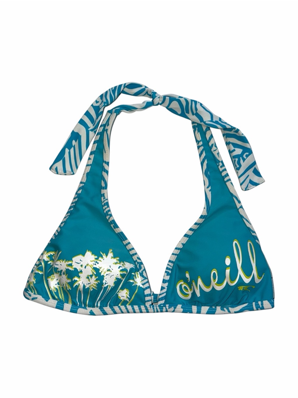 O'Neill Blue and White Zebra-Striped Palm Tree Graphic Halter Bikini Top